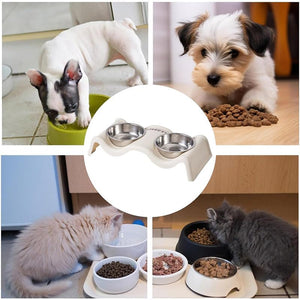 A collage showing a pet feeding station in use with multiple pets. The central circular inset shows a beige plastic double-bowl feeder with stainless steel bowls at Pet Servo