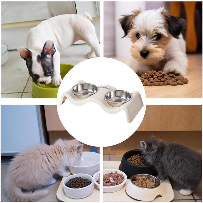 A collage showing a pet feeding station in use with multiple pets. The central circular inset shows a beige plastic double-bowl feeder with stainless steel bowls at Pet Servo