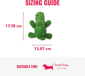 Green plush toy with measurements and suitability for small dogs on a white background at Pet Servo