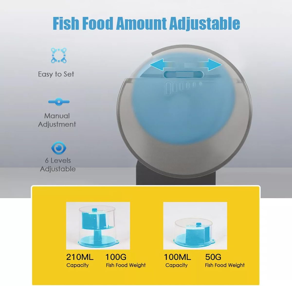 Fish food amount adjustable device with capacity and weight indicators on a gray background at Pet Servo