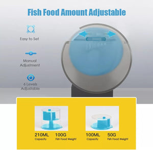 Fish food amount adjustable device with capacity and weight indicators on a gray background at Pet Servo