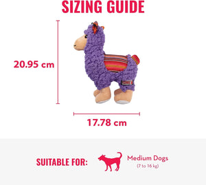 Sizing guide for a purple llama-shaped dog toy with dimensions and suitability for medium dogs at Pet Servo