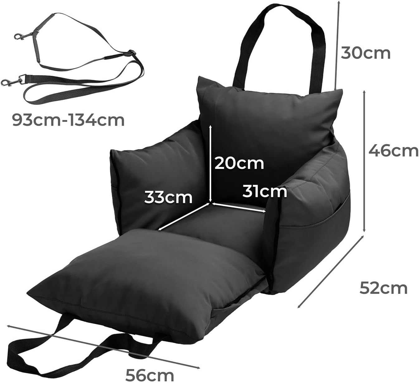 Black seat cushion with measurement labels on a white background at Pet Servo