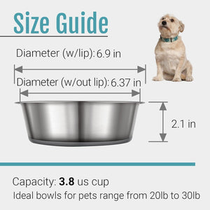 Pet bowl size guide with measurements and a dog for scale at Pet Servo