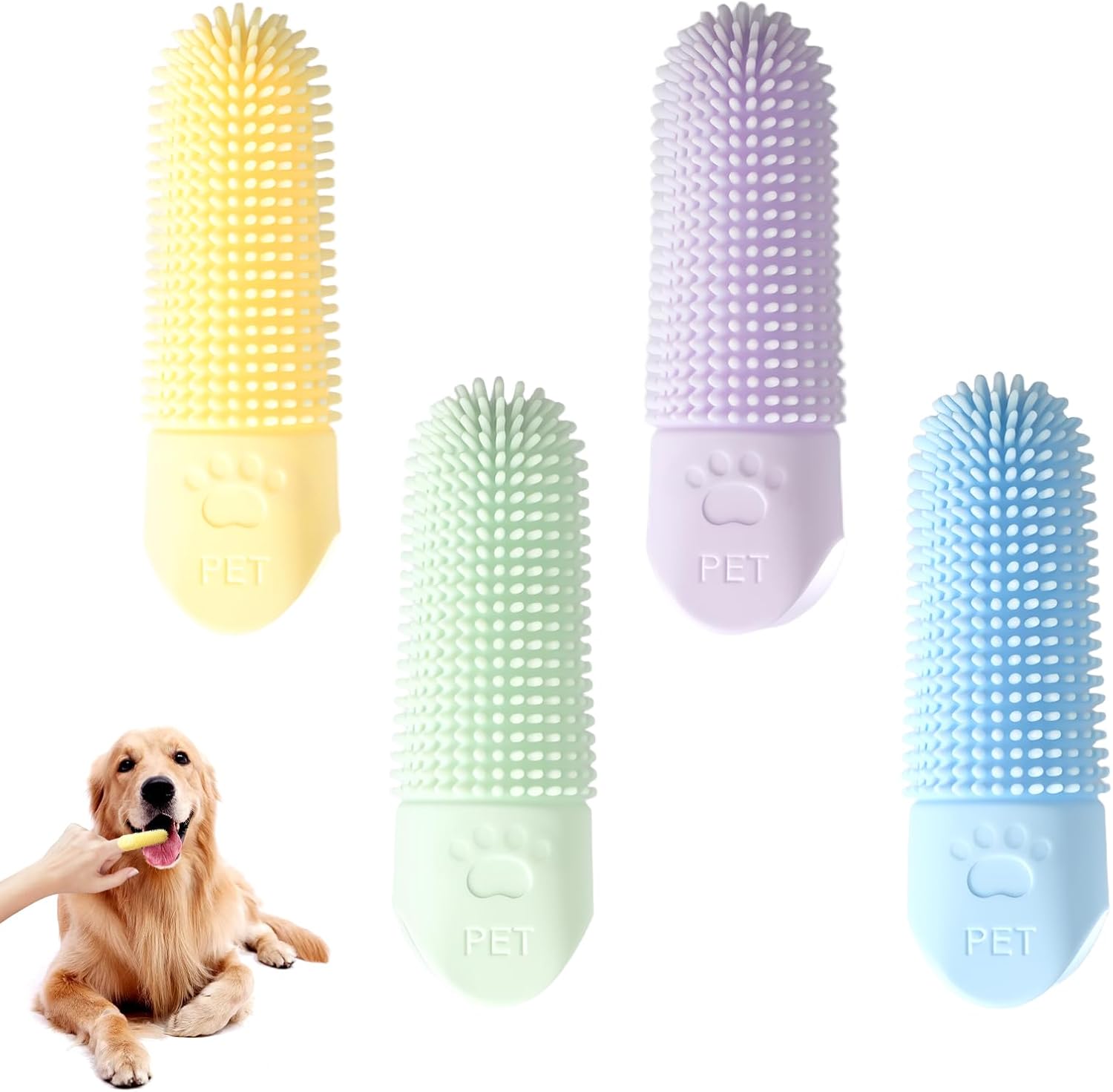 Set of four pet grooming brushes in yellow, green, purple, and blue with a dog receiving one of them at Pet Servo
