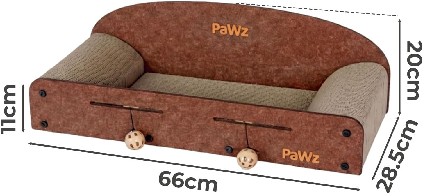 A brown and beige pet bed with dimension labels showing 66cm length, 28.5cm height, and 20cm width, on a white background at Pet Servo