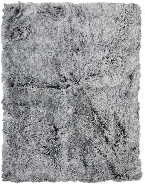 A square gray shaggy faux fur rug with a soft, fluffy texture and frayed edges, shown against a plain white background at Pet Servo