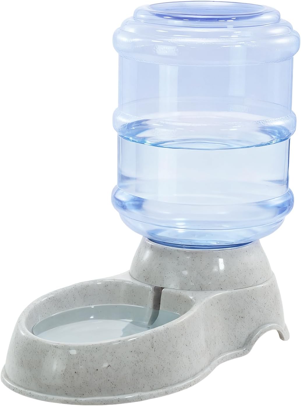 Automatic pet water fountain with a large clear plastic water bottle on a gray textured plastic base and a shallow water bowl, shown on a white background at Pet Servo