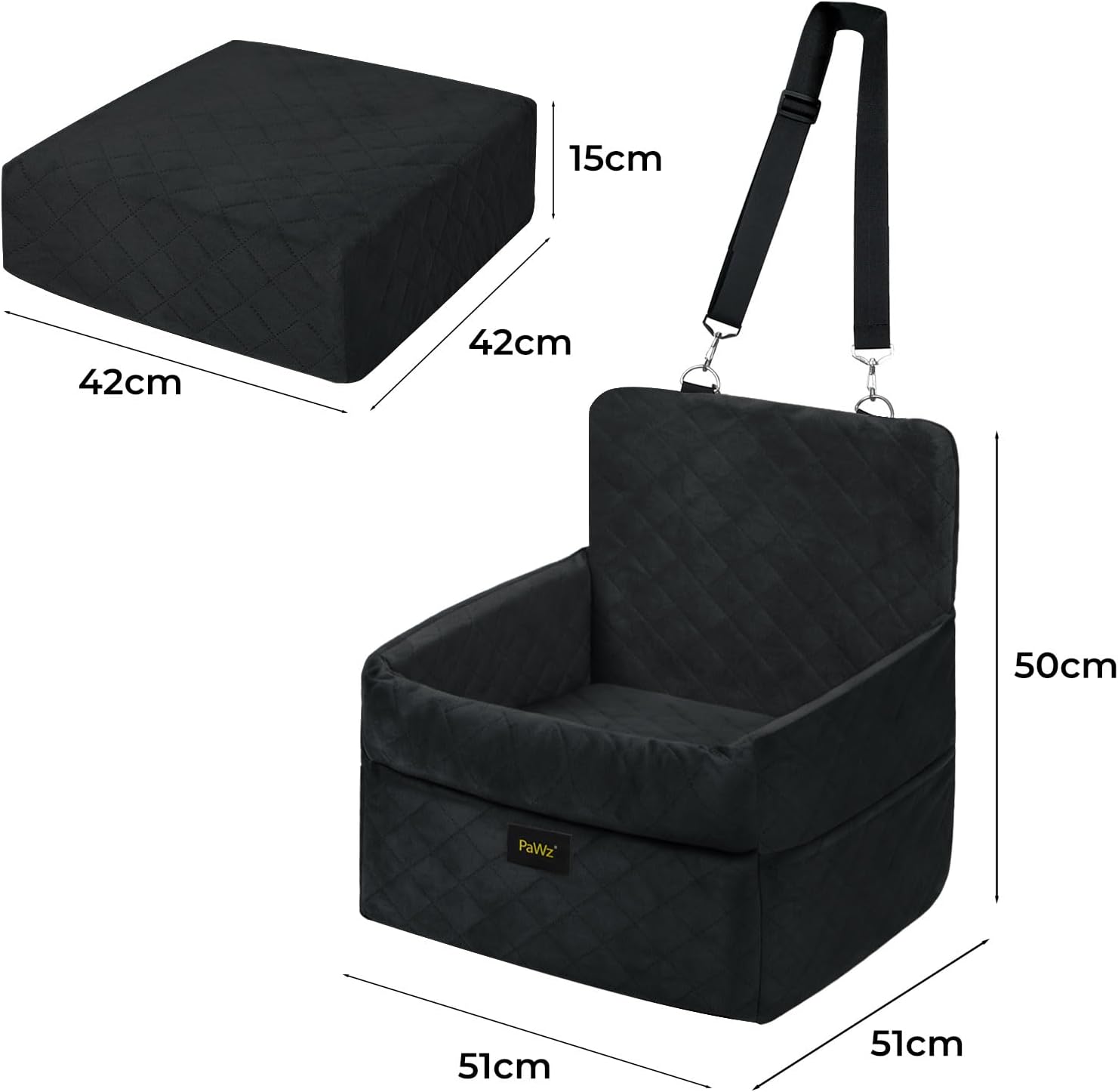 Black pet seat with dimensions and strap details on a white background at Pet Servo