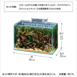 Aquarium with decorative elements and dimensions labeled in Japanese at Pet Servo