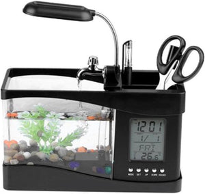Black aquarium with digital display, scissors, and lamp on a white background at Pet Servo