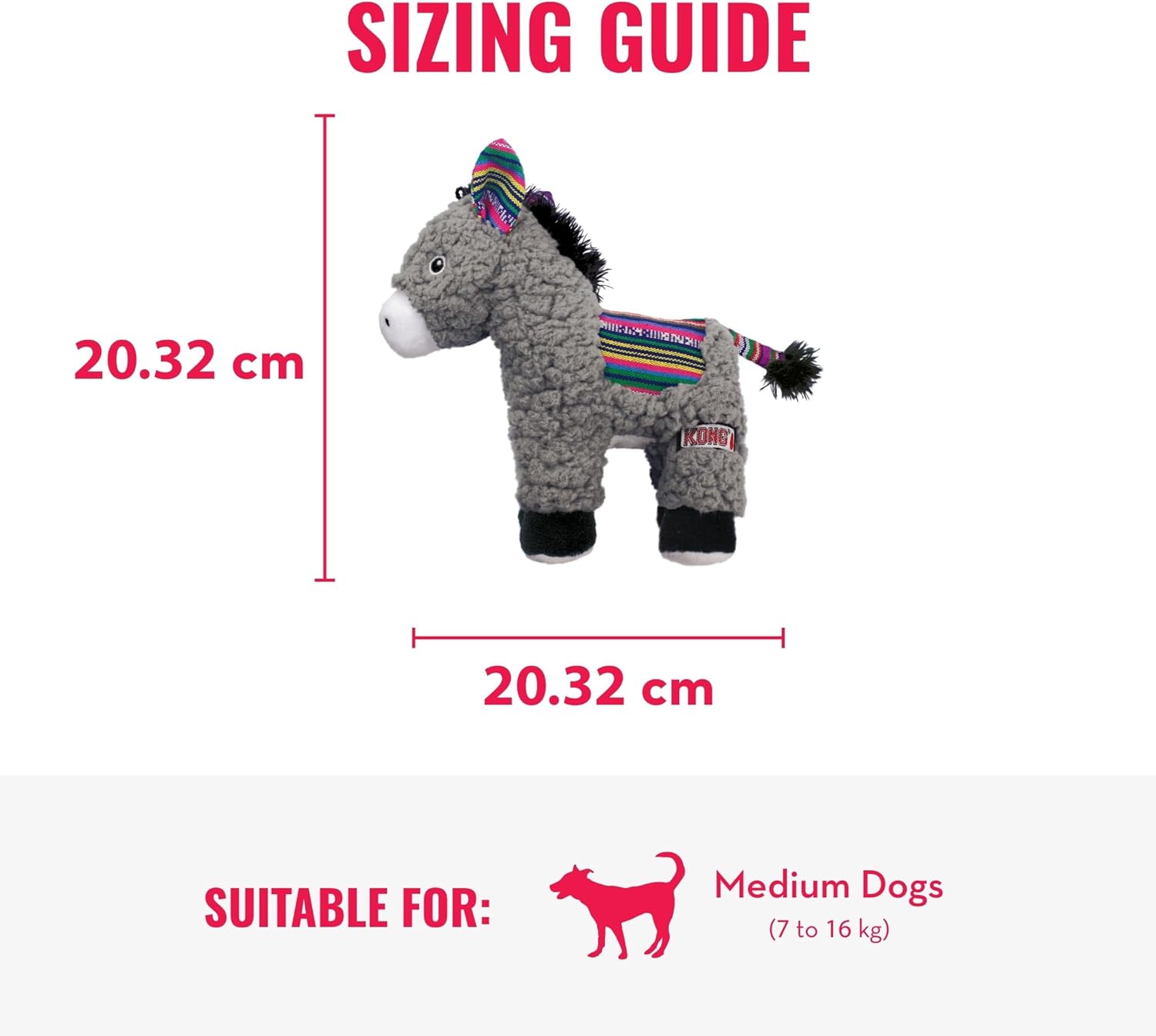 Sizing guide for a donkey-shaped toy with dimensions and suitability for medium dogs at Pet Servo