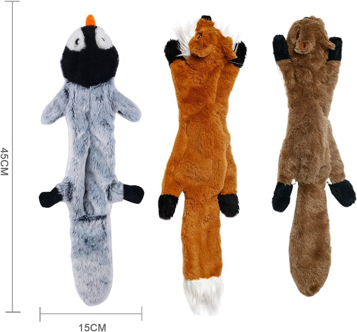 Three plush toys resembling a penguin, fox, and bear with measurements on a white background at Pet Servo