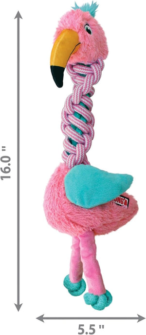 Pink flamingo-shaped toy with a rope, featuring measurements on a white background at Pet Servo