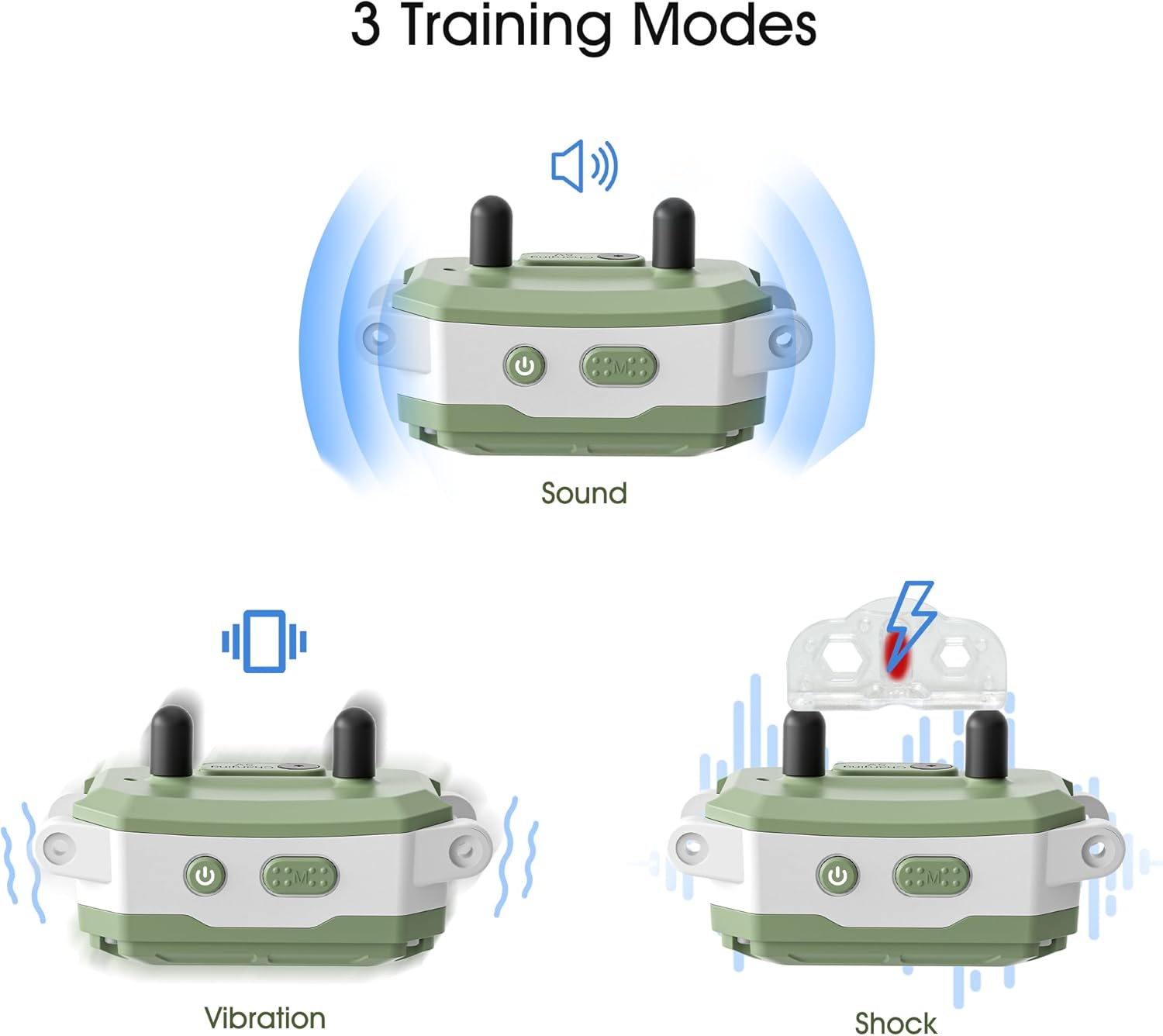 Three training modes of a device with sound, vibration, and shock indicators on a white background at Pet Servo