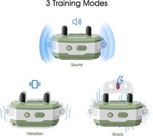 Three training modes of a device with sound, vibration, and shock indicators on a white background at Pet Servo