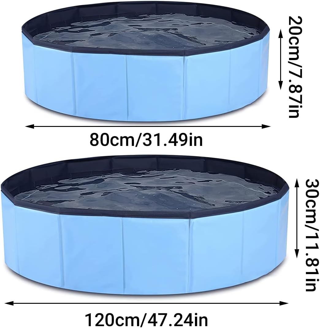 Blue pet pool with dimensions indicated on a white background at Pet Servo