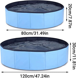 Blue pet pool with dimensions indicated on a white background at Pet Servo