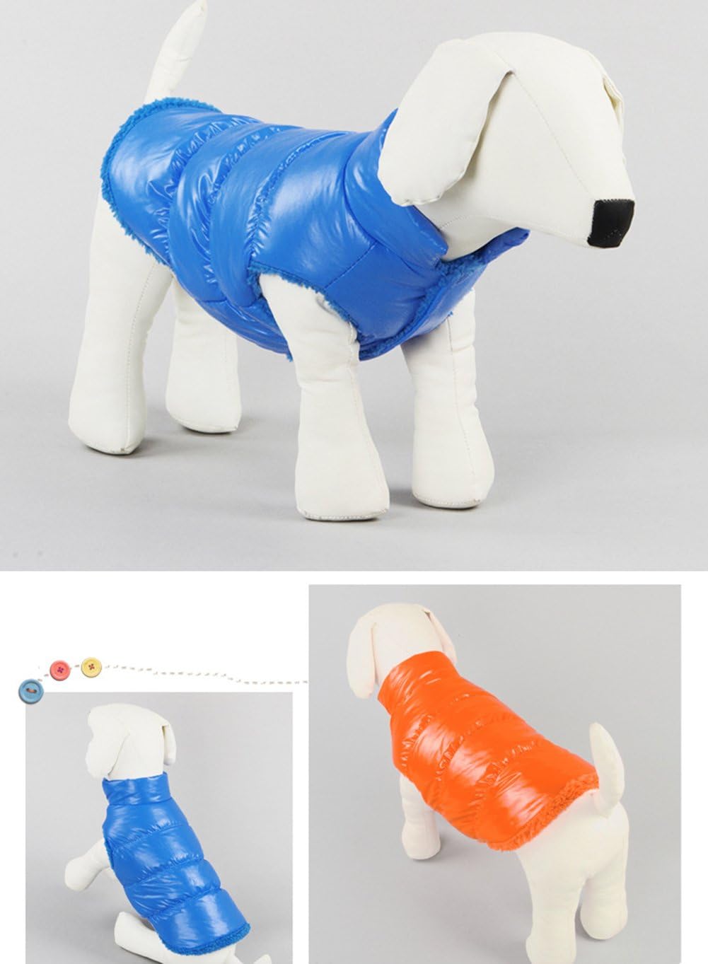 White dog wearing a blue puffer coat on a gray background, with an inset showing the dog in an orange puffer coat at Pet Servo