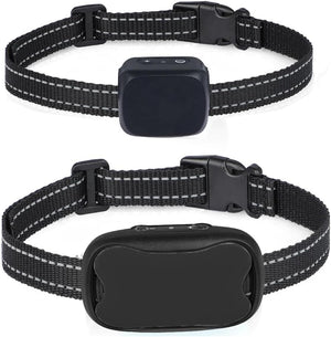 Two black dog collars with electronic devices on a white background at Pet Servo