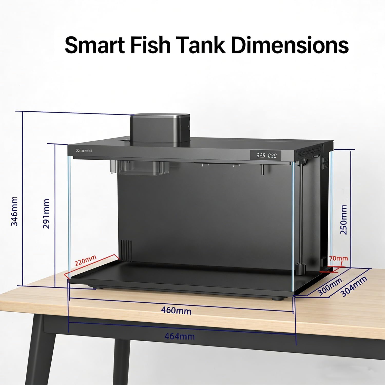Smart fish tank dimensions displayed on a white background at Pet Servo