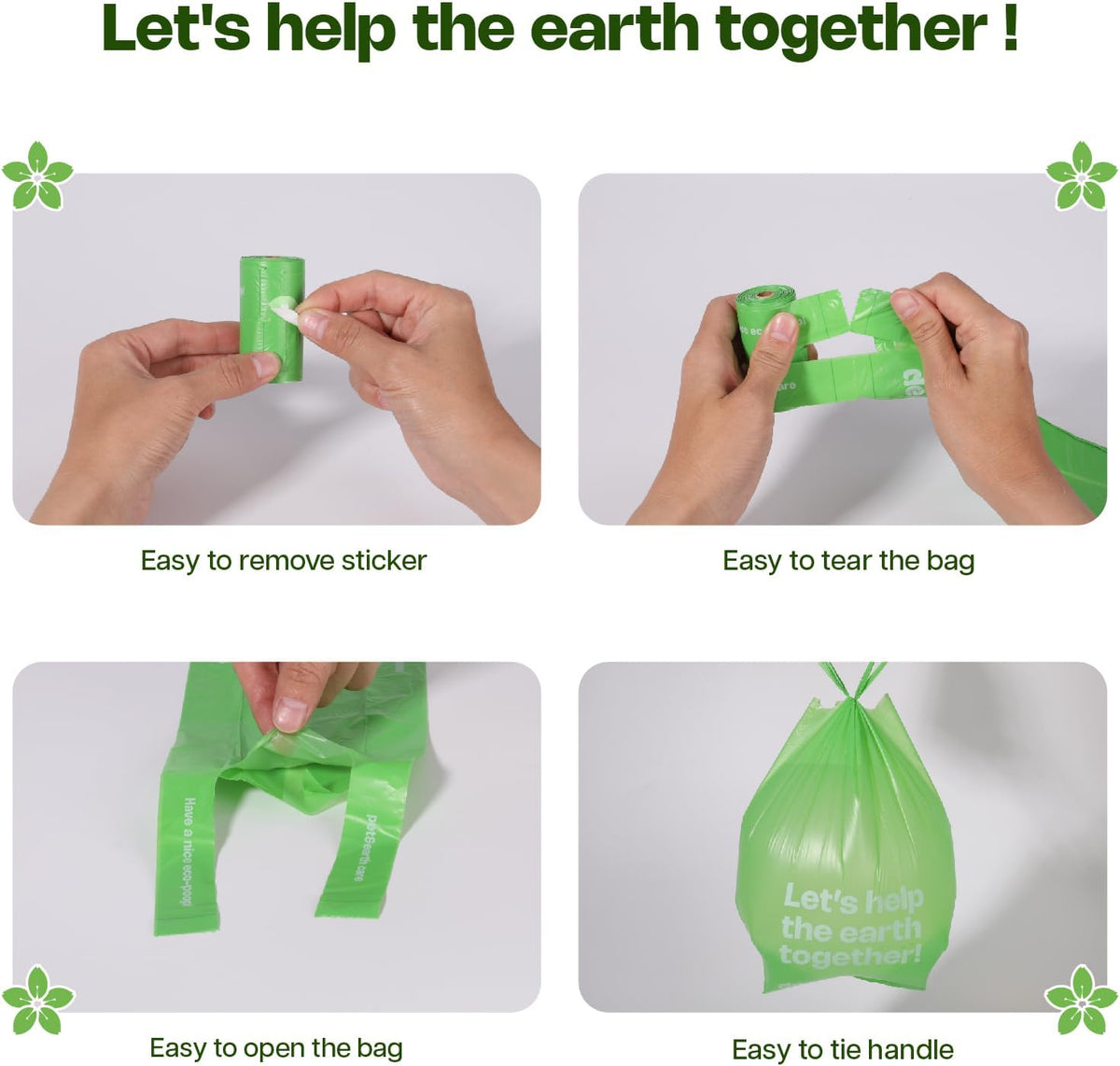 Instructions on how to use a green bag with text 'Let's help the earth together!' at Pet Servo