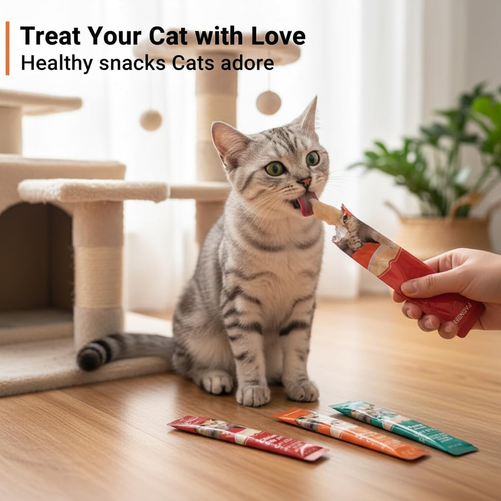 Cat being offered a treat with text 'Treat Your Cat with Love' and 'Healthy snacks Cats adore' at Pet Servo
