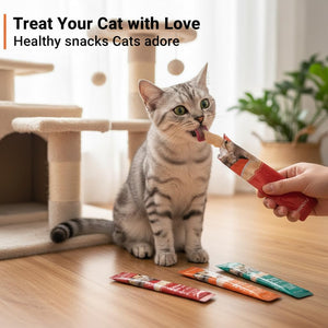 Cat being offered a treat with text 'Treat Your Cat with Love' and 'Healthy snacks Cats adore' at Pet Servo
