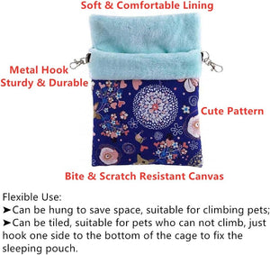 Floral patterned pet sleeping pouch with text highlighting features on a white background at Pet Servo