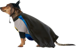 Dog wearing a superhero costume with a cape on a white background at Pet Servo