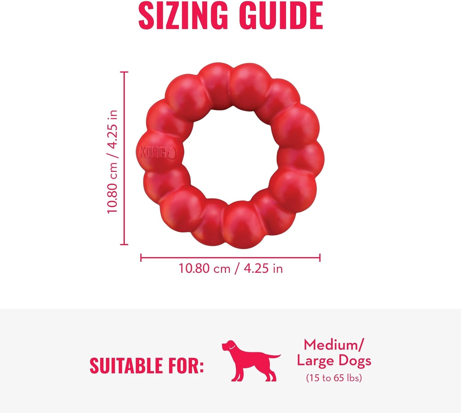 Red dog toy with dimensions and suitability for medium to large dogs on a white background at Pet Servo