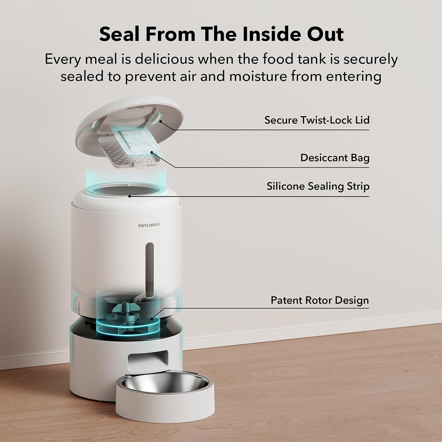 Pet food dispenser with features highlighted on a white background