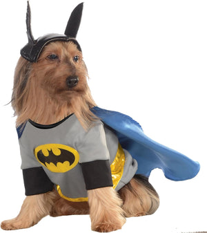 Dog wearing a superhero costume with a cape and bat symbol on a white background at Pet Servo