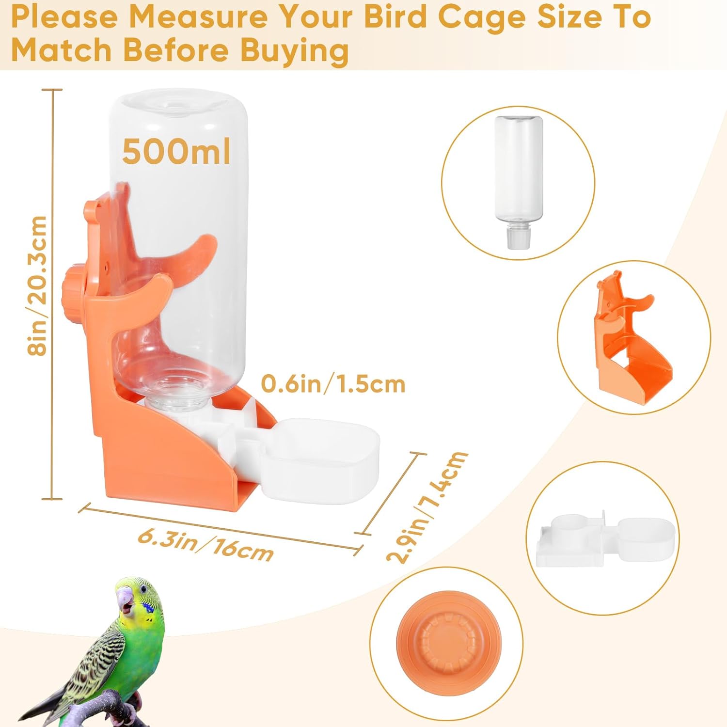 Bird water feeder with measurements and a parrot on a beige background at Pet Servo