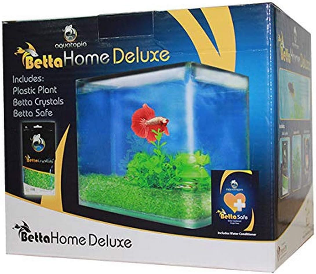Betta Home Deluxe aquarium kit packaging with fish and plants on a blue background at Pet Servo