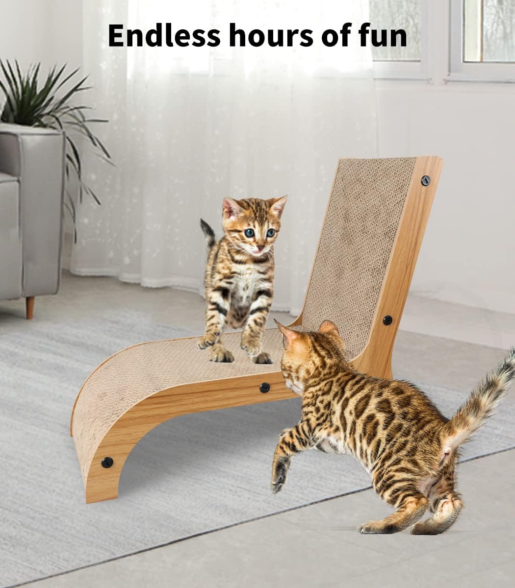 A wooden cat scratcher with natural jute-wrapped surface is shown in a bright room with two Bengal kittens playing with it. Text at the top reads 'Endless hours of fun' at Pet Servo
