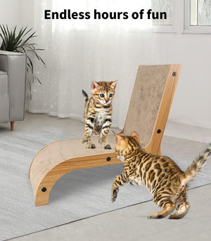 A wooden cat scratcher with natural jute-wrapped surface is shown in a bright room with two Bengal kittens playing with it. Text at the top reads 'Endless hours of fun' at Pet Servo