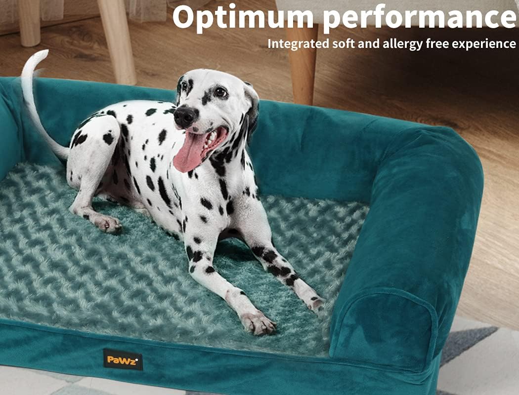 Dalmatian dog lying on a teal pet bed with 'Pawz' branding, text about 'Optimum performance' and 'Integrated soft and allergy free experience' at Pet Servo