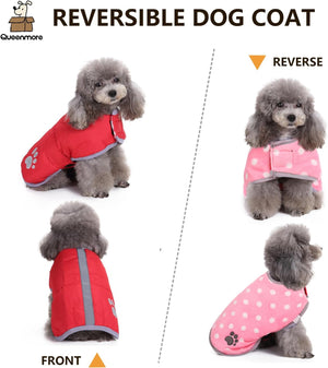 Reversible dog coat with red and pink sides on a white background at Pet Servo