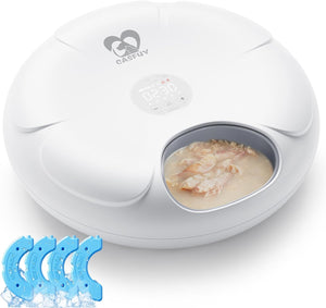 White baby food preparation device with a bowl of food and blue measuring tools on a white background at Pet Servo