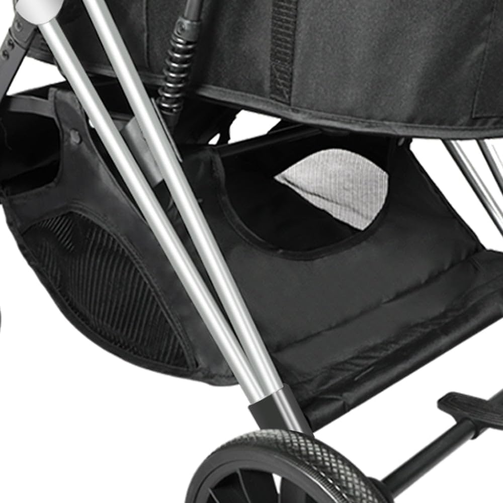 Close-up of a black stroller with a white background at Pet Servo