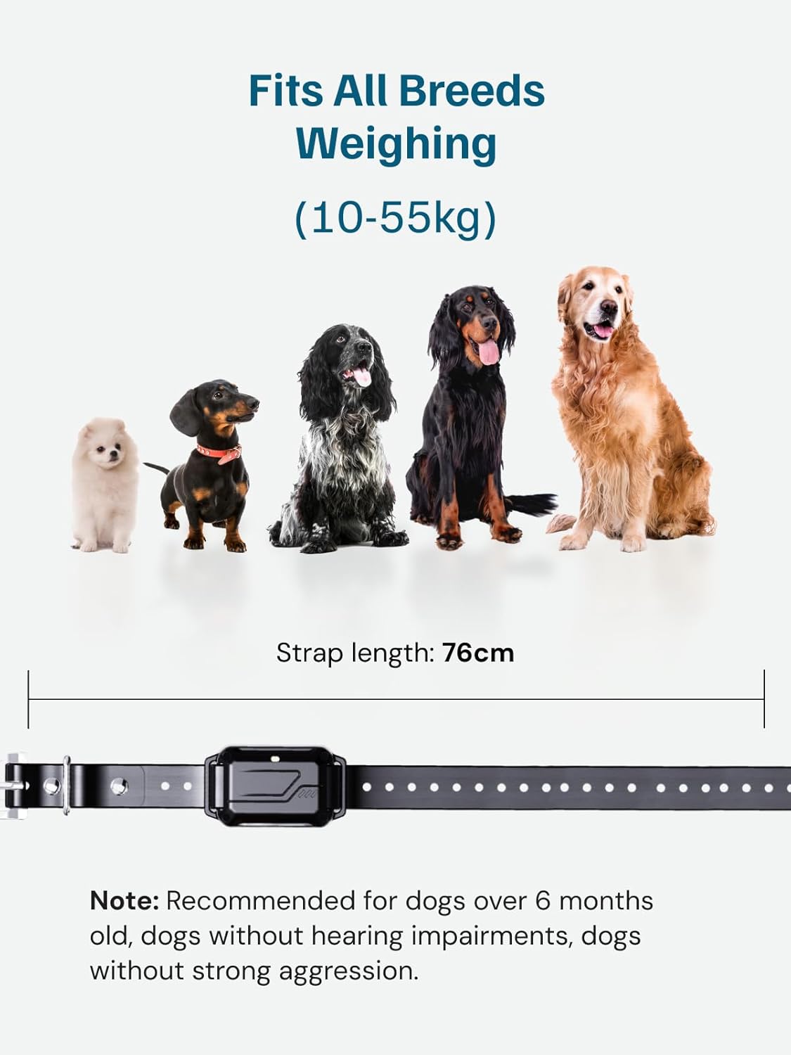 Dog collar with size chart showing compatibility for dogs weighing 10-55kg at Pet Servo