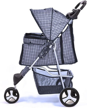A pet stroller with a gray and white plaid pattern, featuring a large canopy, a zippered storage bag, a mesh basket, and four wheels, shown against a plain white background at Pet Servo