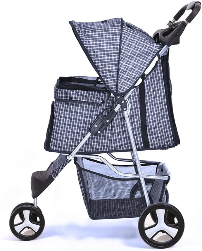 A pet stroller with a gray and white plaid pattern, featuring a large canopy, a zippered storage bag, a mesh basket, and four wheels, shown against a plain white background at Pet Servo