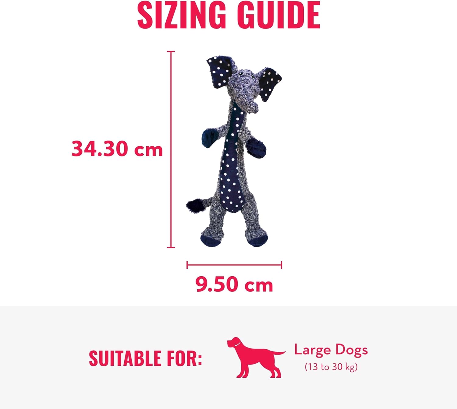 Sizing guide for a dog toy with dimensions and suitability for large dogs at Pet Servo