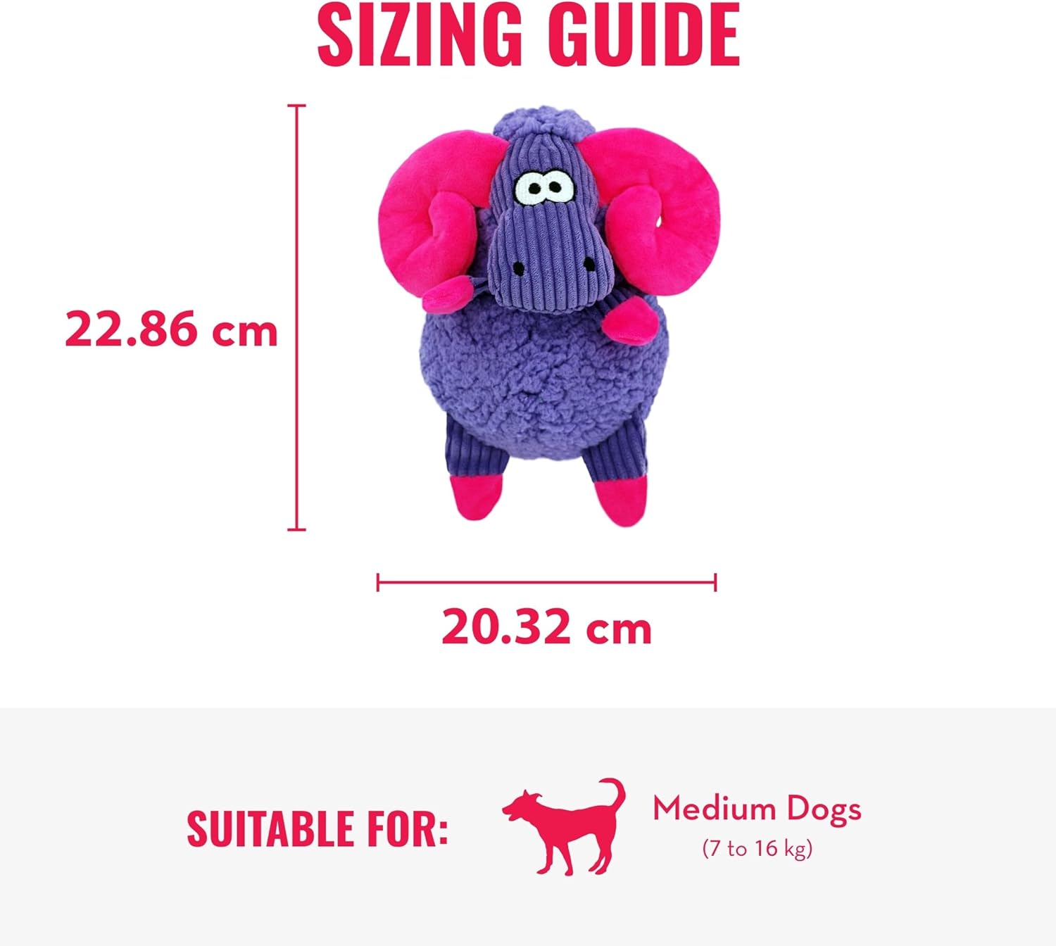 Sizing guide for a purple and pink dog toy with dimensions and suitability for medium dogs at Pet Servo