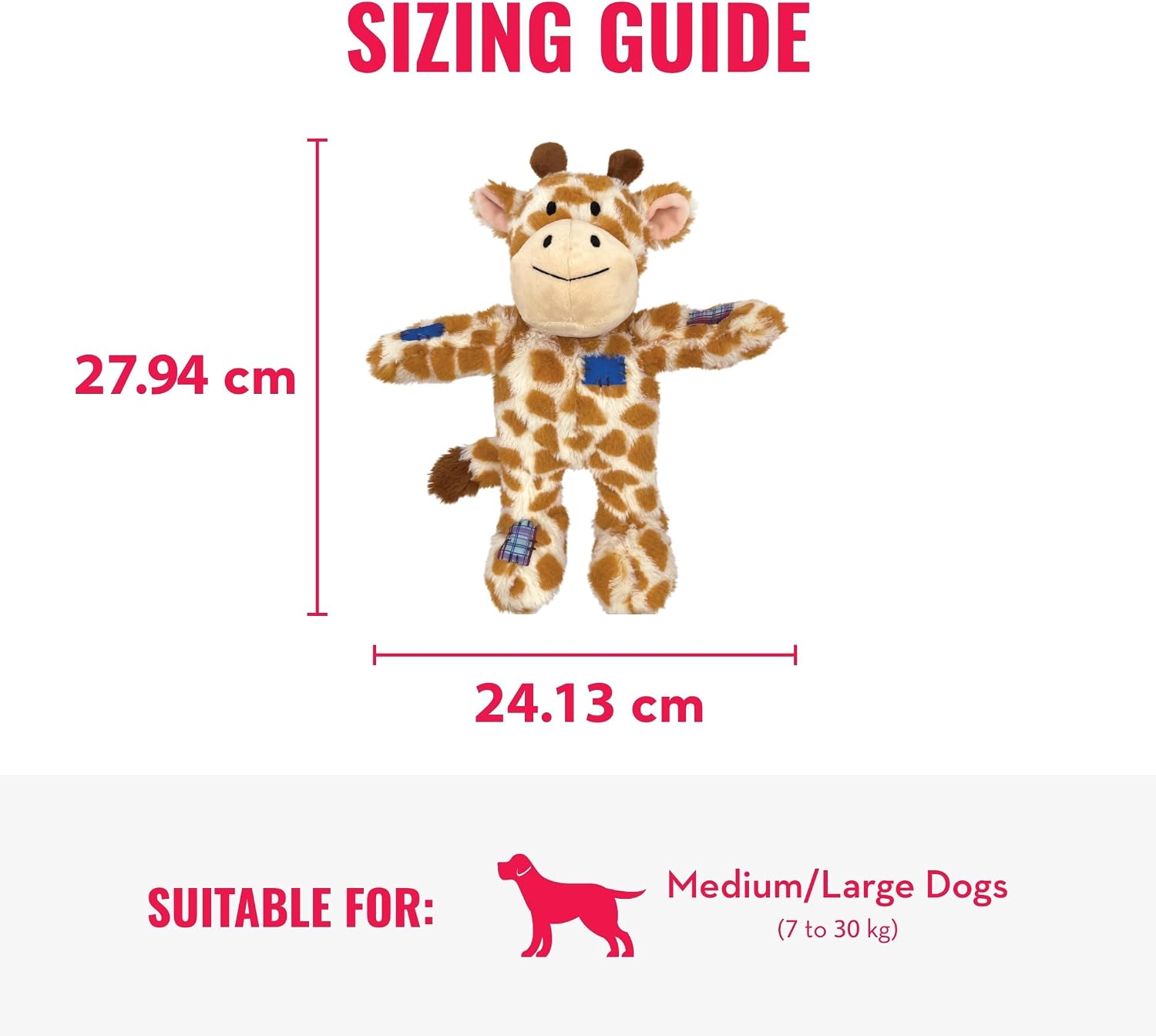 Giraffe-shaped dog toy with dimensions and suitability for medium to large dogs on a white background at Pet Servo