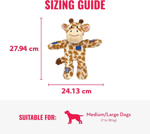 Giraffe-shaped dog toy with dimensions and suitability for medium to large dogs on a white background at Pet Servo