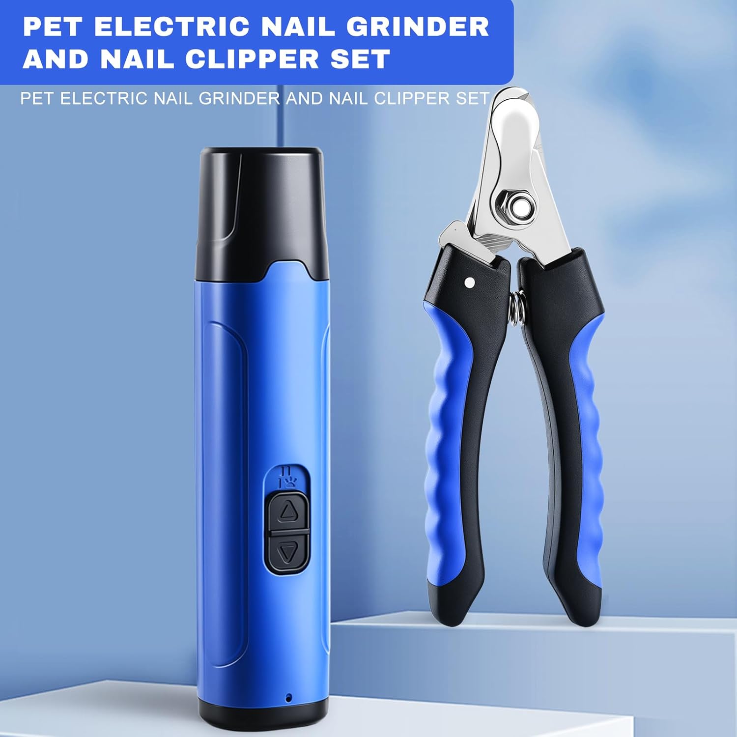 Pet electric nail grinder and nail clipper set on a blue background at Pet Servo