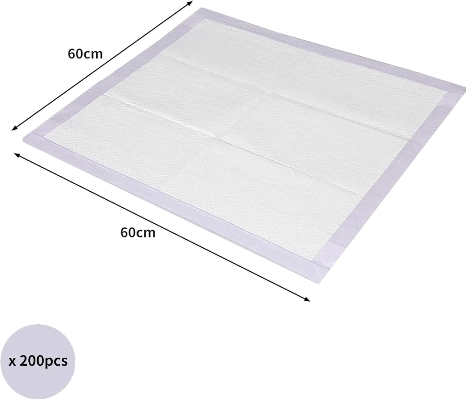 A square white absorbent pad with a light purple border, shown on a white background with dimension arrows labeled 60cm by 60cm and a circular note reading x 200pcs at Pet Servo